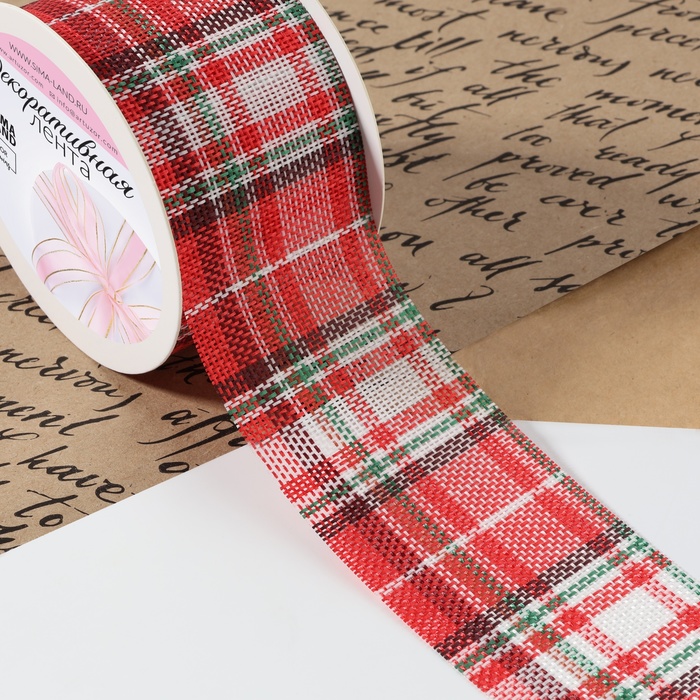 Лента холщовая "Клетка", с люрексом, 50мм, 4,5±1м, цвет красный/зелёный