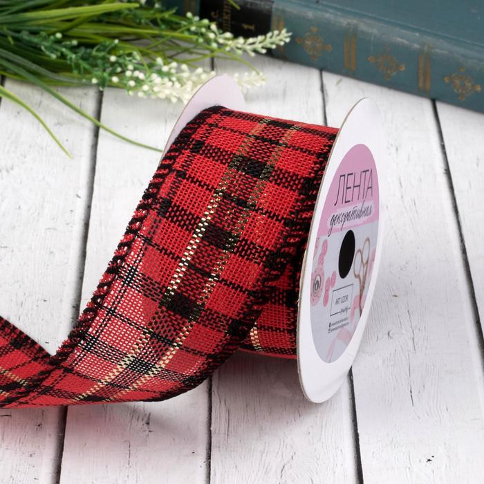 Лента холщовая "Клетка", с люрексом, 50мм, 4,5±1м, цвет красный/черный