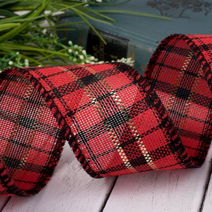 Лента холщовая "Клетка", с люрексом, 50мм, 4,5±1м, цвет красный/черный