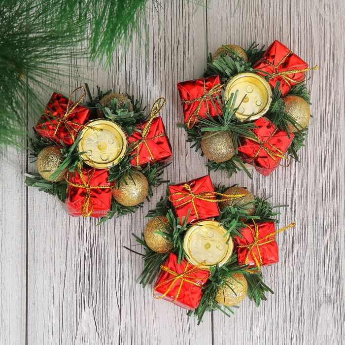 Подсвечник новогодний "Шарики и подарки" на одну свечу (набор 3 шт) d-7 см