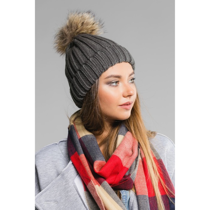 Шапка женская с помпоном "Амалия", размер 54-56, цвет серый