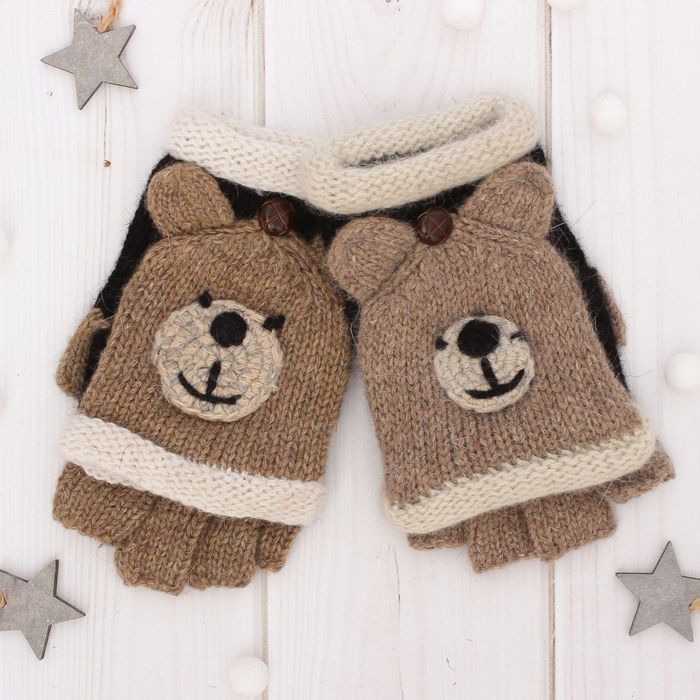 Митенки шерстяные детские "Мишутка", размер 18 (р-р произв. 9), цвет чёрный/бежевый