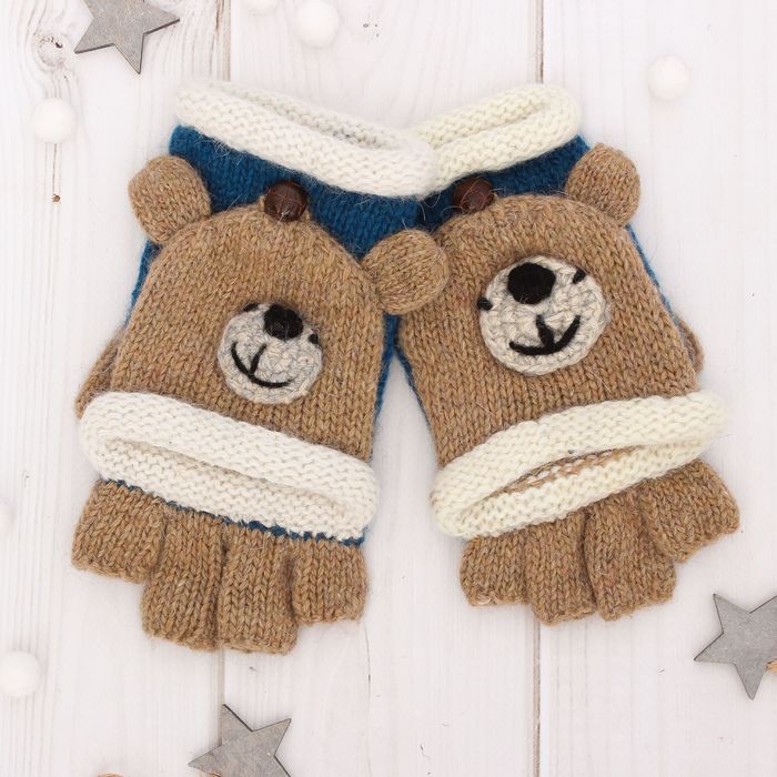 Митенки шерстяные детские "Мишутка", размер 18 (р-р произв. 9), цвет синий/бежевый