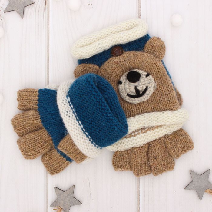 Митенки шерстяные детские "Мишутка", размер 18 (р-р произв. 9), цвет синий/бежевый