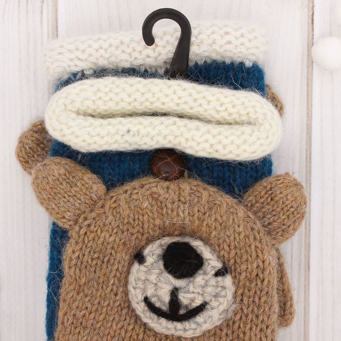 Митенки шерстяные детские "Мишутка", размер 18 (р-р произв. 9), цвет синий/бежевый