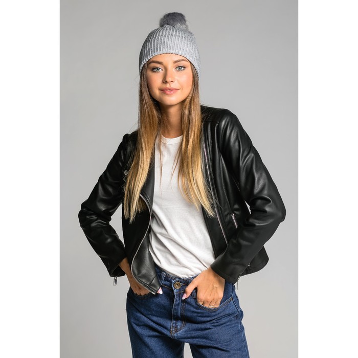 Шапка демисезонная с помпоном, размер 52-54, цвет белое серебро