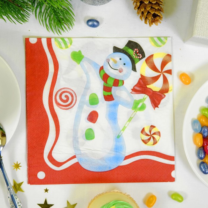 Салфетки бумажные "Снеговик" с леденцом, (набор 20 шт), 33*33 см