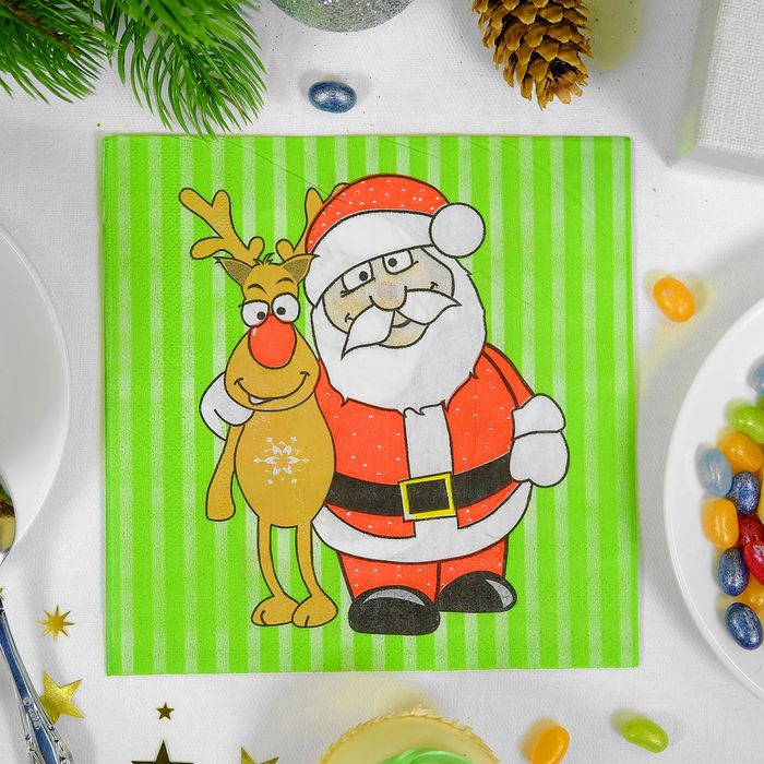 Салфетки бумажные "Дед Мороз", с оленем, (набор 20 шт), 33*33 см