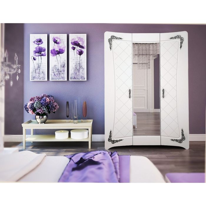 Шкаф 3 двери 1 зеркало Аделина Белый глянец/Серебро