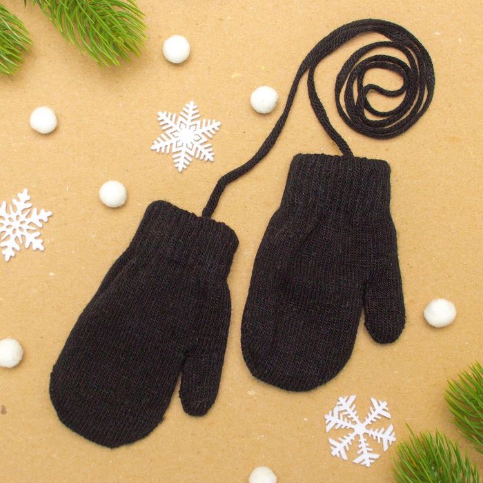 Варежки детские двухсл. на верёвочке Collorista, размер 14 (р-р произв. 12*7 см), цвет чёрный