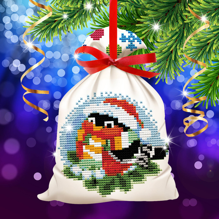 Новый год, вышивка крестиком на мешочке "Снегирь", основа 25*35 см