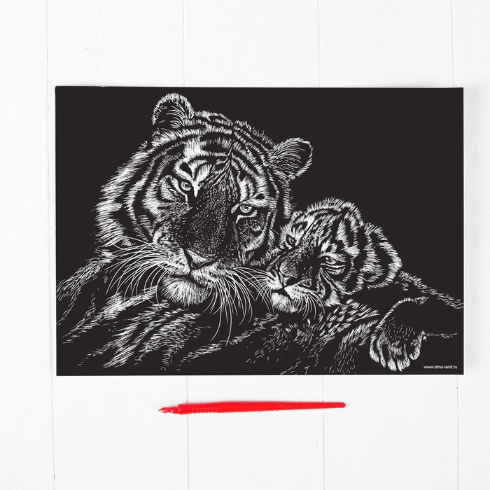 Гравюра "Тигры", металлический эффект "серебро", 21 х 30 см
