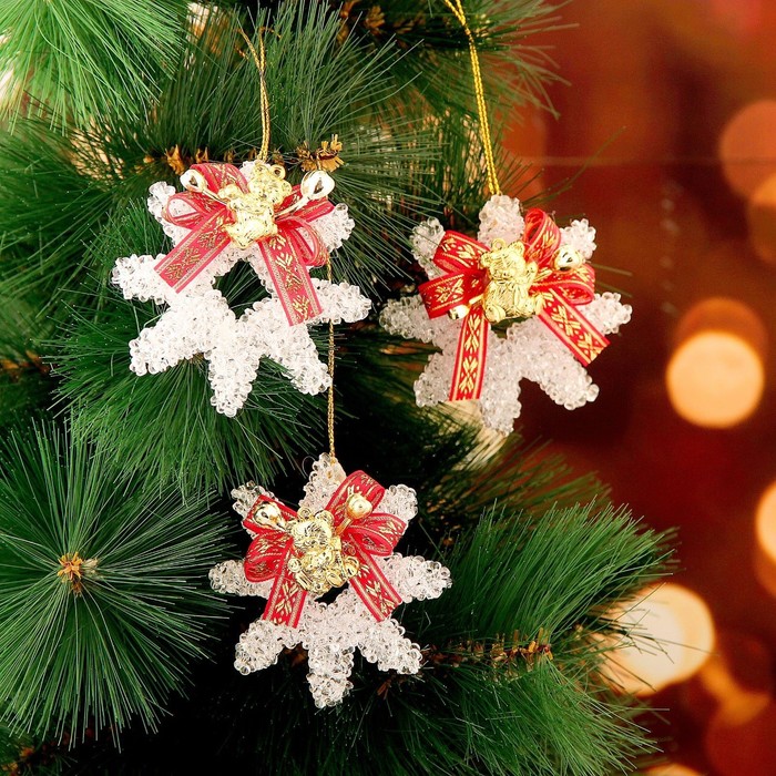 Украшение ёлочное "Снежинка с красной лентой" (набор 3 шт) 7*7 см