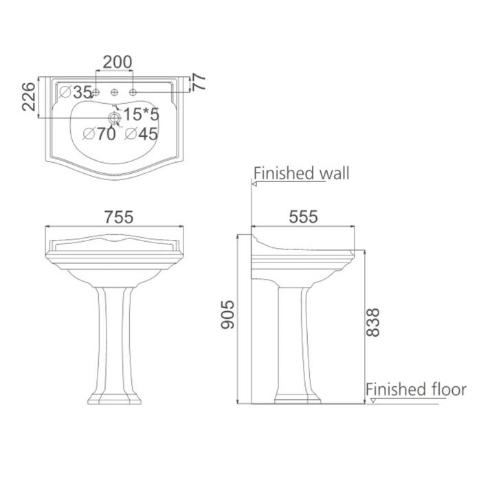 Раковина с пьедесталом Creo сeramique DIJON, 750 х 550 х 905 мм