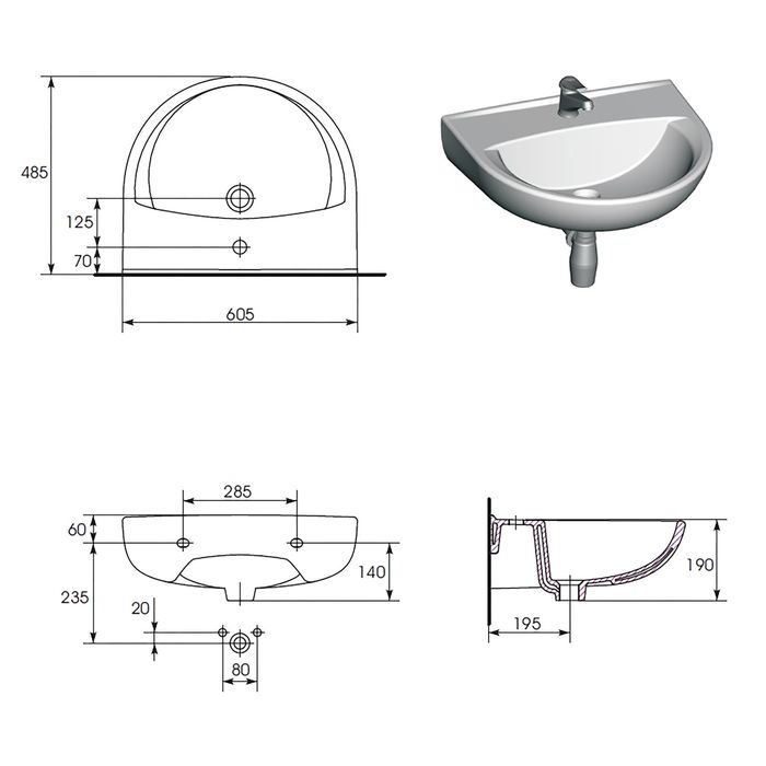 Раковина "President", цвет белый, ширина 60 см, с 1 центральным отверстием