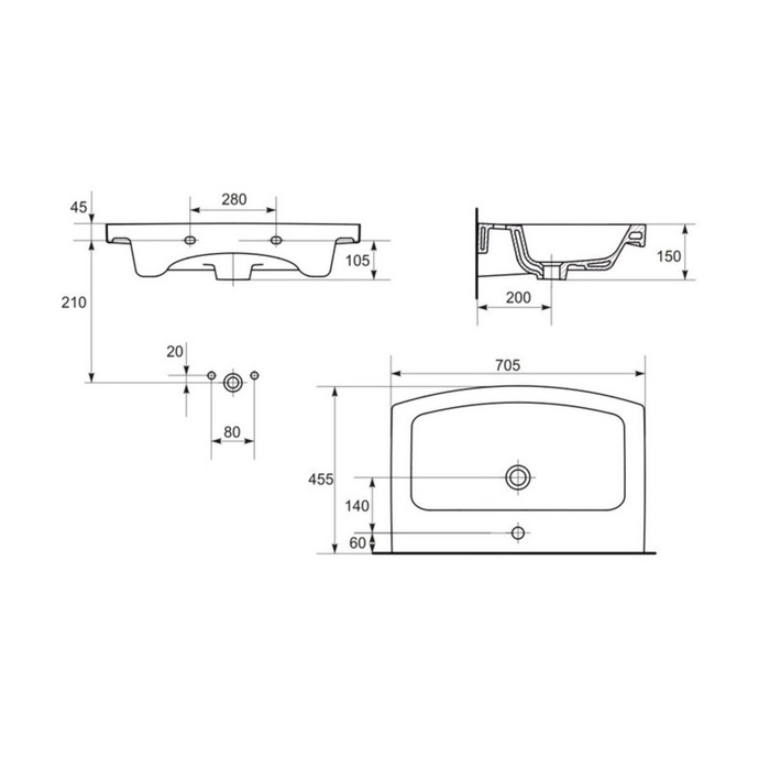 Раковина "EASY" ES, цвет белый, ширина 70 см, с 1 центральным отверстием