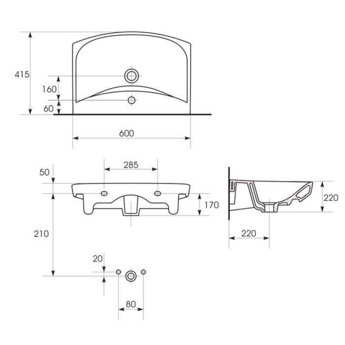 Раковина "Carina", цвет белый, 60 см, с 1 центральным отверстием