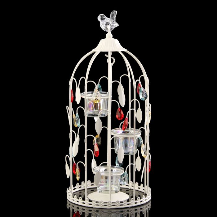 Подсвечник металл 3 свечи "Хрустальный птенчик на клетке" 39х17х17 см