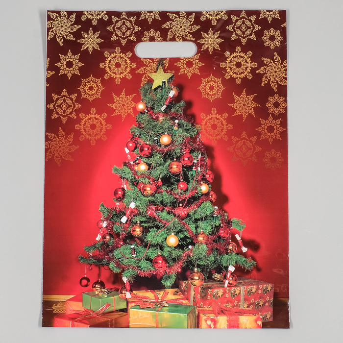 Пакет "Елочка на красном", полиэтиленовый с вырубной ручкой, 40х31 см, 60 мкм