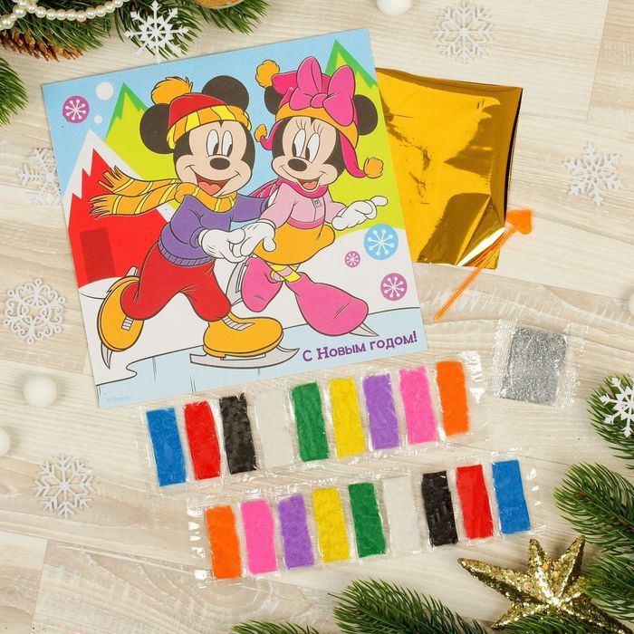 Фреска с блестками и фольгой "С Новым годом!" Микки Маус и друзья + 9 цветов песка по 4 гр, блестки