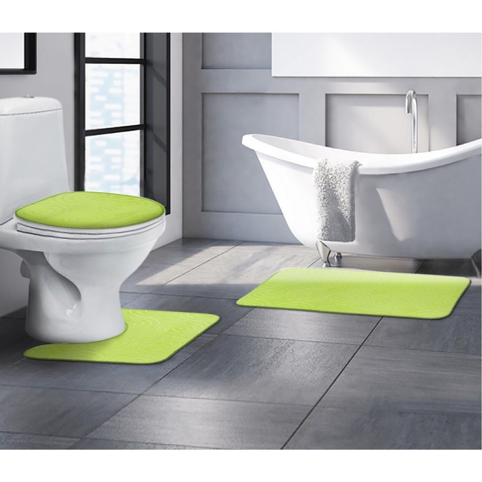 Набор ковриков для ванной и туалета "Завитки" 3 шт, цвет зеленый