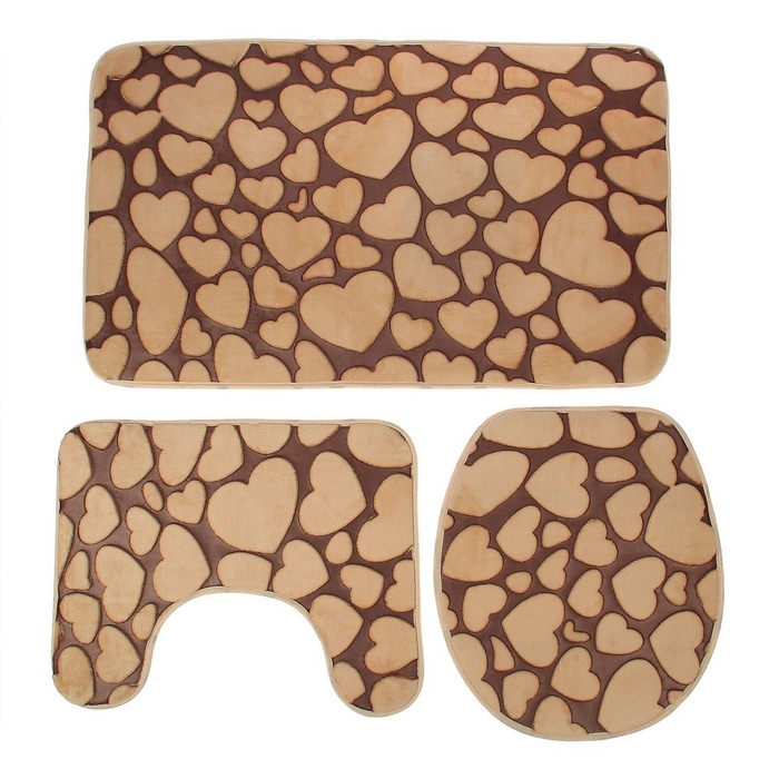 Набор ковриков для ванной и туалета "Сердце" 3 шт, цвет бежевый