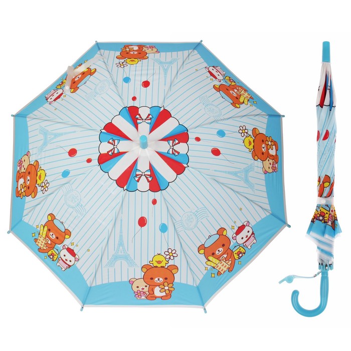 Зонт детский полуавтоматический "Мишка с друзьями", r=40см, со свистком, цвет голубой