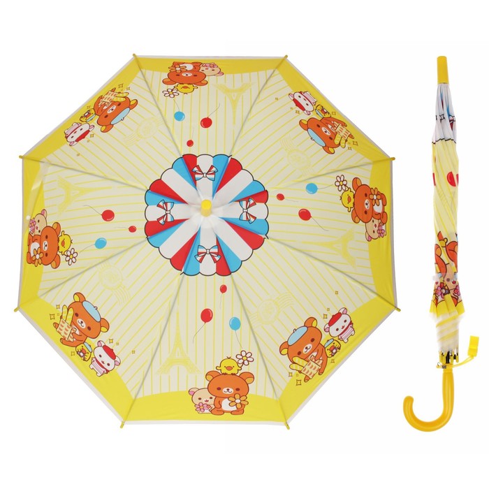 Зонт детский "Мишка с друзьями", полуавтоматический, со свистком, r=40см, цвет жёлтый