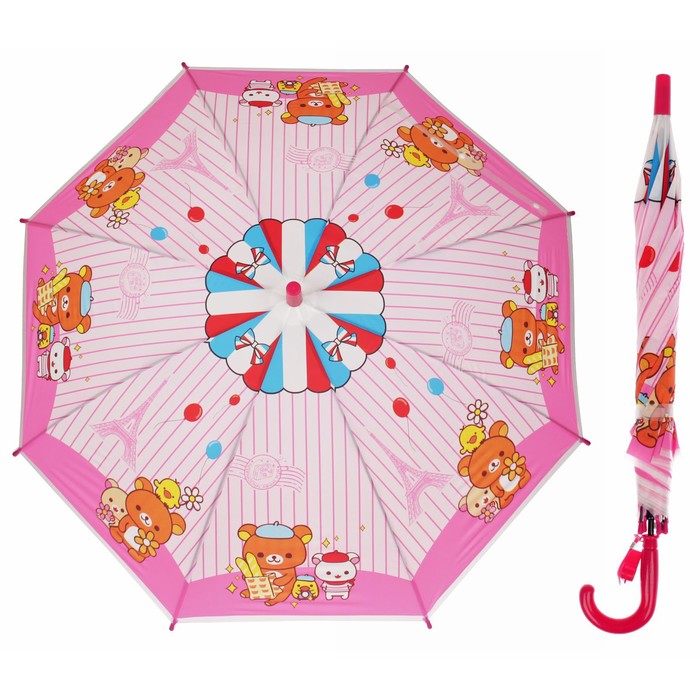 Зонт детский "Мишка с друзьями", полуавтоматический, со свистком, r=40см, цвет розовый