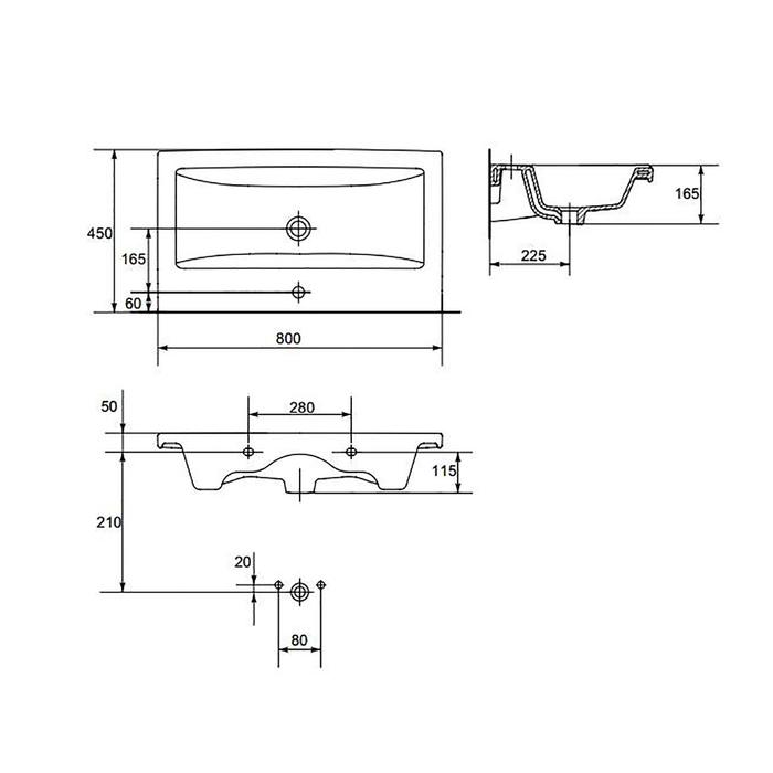 Встраиваемая раковина "COMO", ширина 80 см, с 1 центральным отверстием