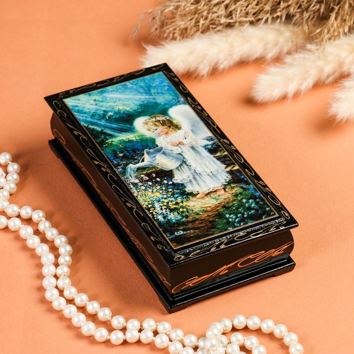 Шкатулка - купюрница «Ангел с лейкой», 8,5×17 см, лаковая миниатюра шкатулка купюрница девушки с котёнком 8 5×17 см лаковая миниатюра