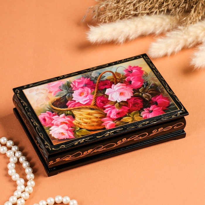 шкатулка цветы 11×16 см лаковая миниатюра Шкатулка «Розовые цветы в корзинке», 11×16 см, лаковая миниатюра