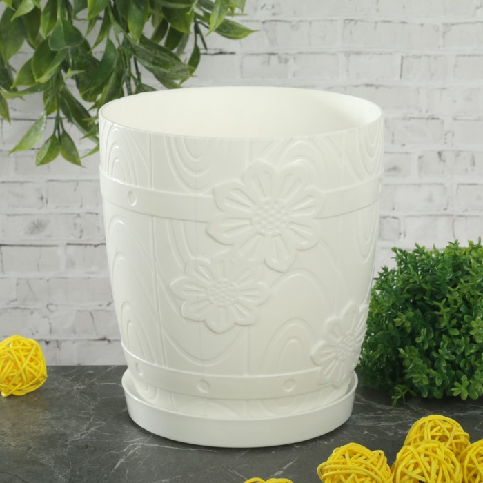 Горшок с поддоном 1,5 л "Бочонок", цвет белый