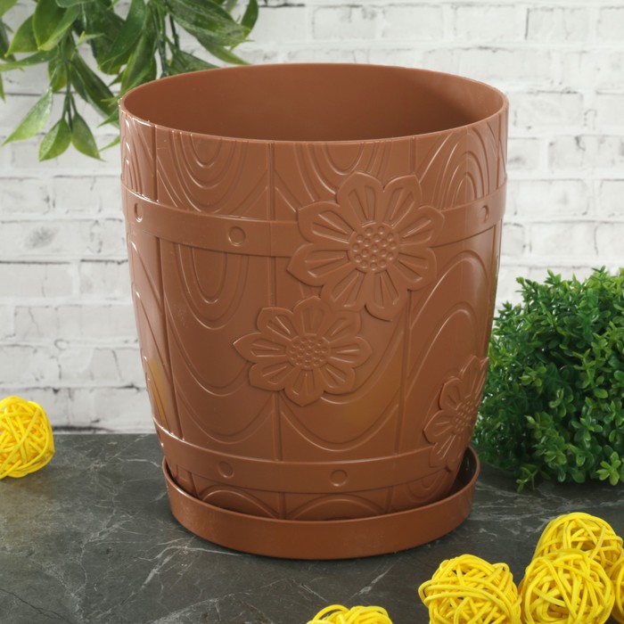 Горшок с поддоном 1,5 л "Бочонок", цвет коричневый