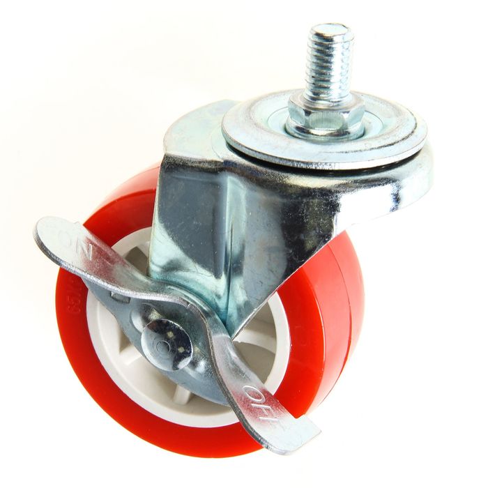 Колесо мебельное, d=65 мм, с футоркой, с фиксатором, красное