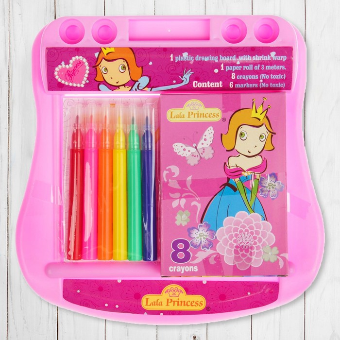 Доска для рисования "Принцесса", рулон 5 м, маркеры 6шт., восковые карандаши 8 шт.