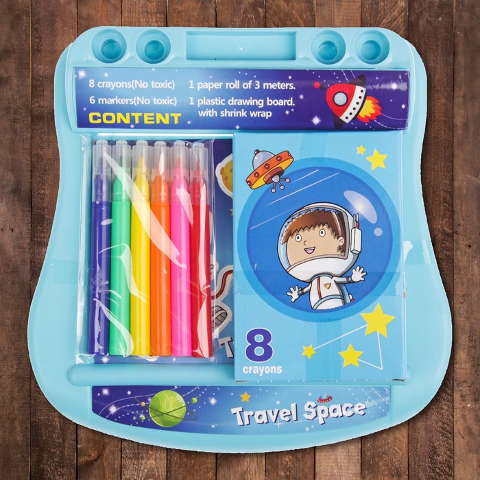 Доска для рисования "Космонавт", рулон 3 м, маркеры 6 шт., восковые карандаши 8 шт.