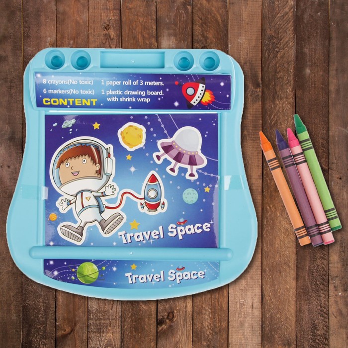 Доска для рисования "Космонавт", рулон 3 м, маркеры 6 шт., восковые карандаши 8 шт.