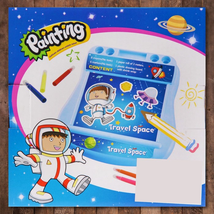 Доска для рисования "Космонавт", рулон 3 м, маркеры 6 шт., восковые карандаши 8 шт.