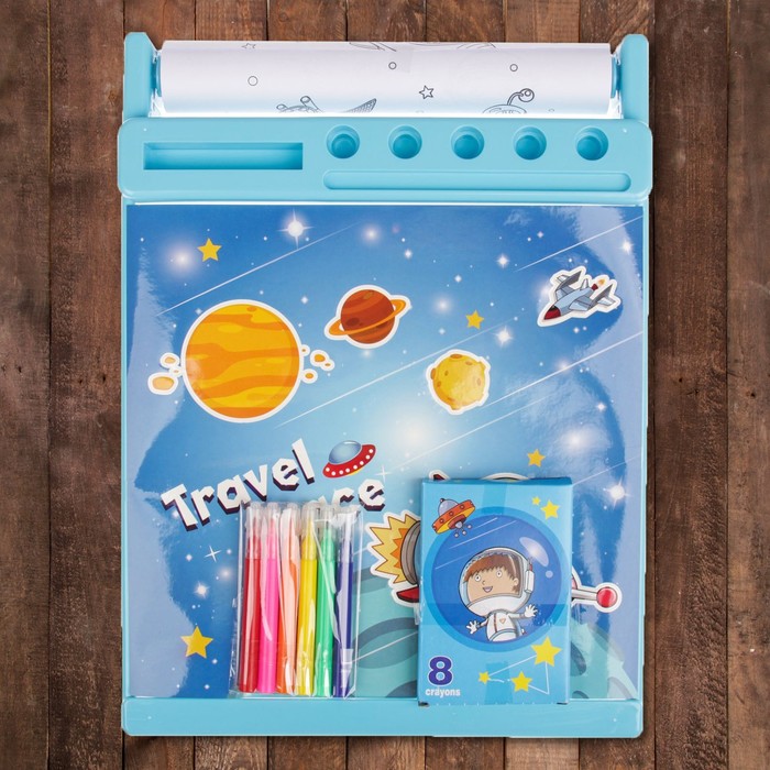 Доска для рисования "Космонавт", рулон 5 м., маркеры 6 шт., восковые карандаши 8 шт.