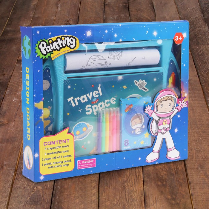 Доска для рисования "Космическое путешествие", рулон 3 м., маркеры 6 шт., восковые карандаши 8 шт.