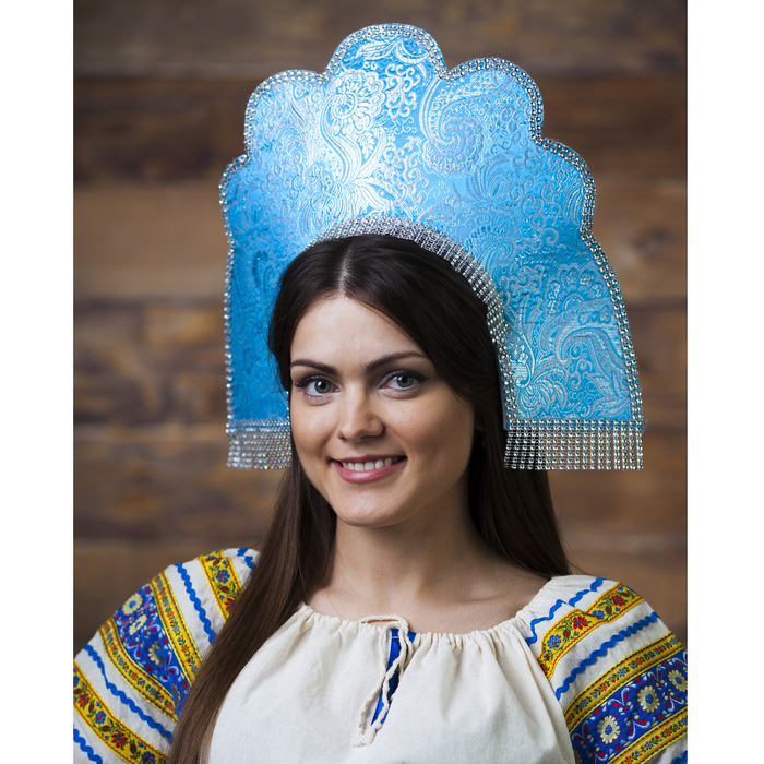 Кокошник "Сударушка" парча жаккард, цвет голубой