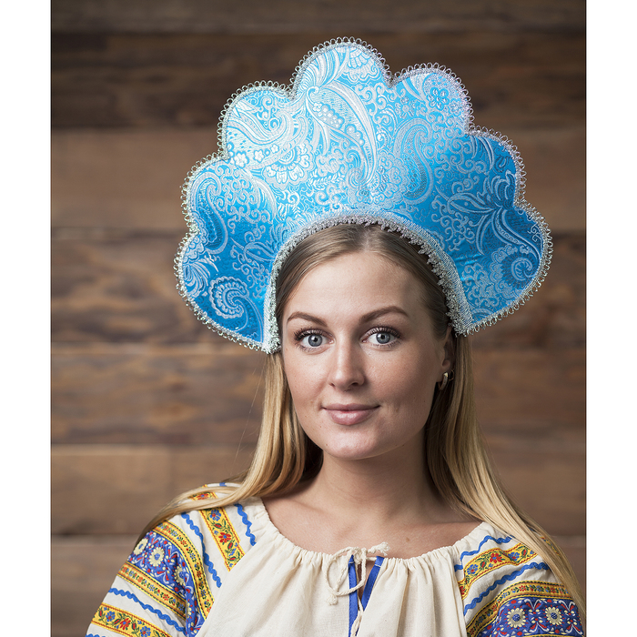Кокошник "Любава" парча жаккард, цвет голубой