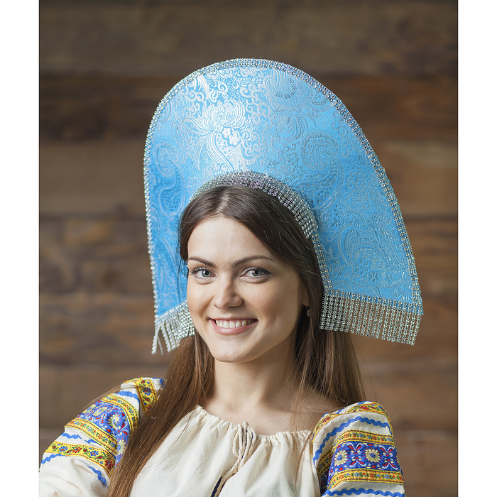 Кокошник "Василиса" парча жаккард, цвет голубой