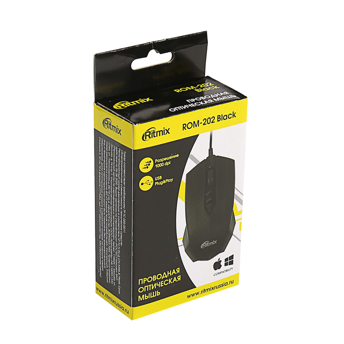 Компьютерная мышь RITMIX ROM-202, проводная, USB, 1000 dpi, черная