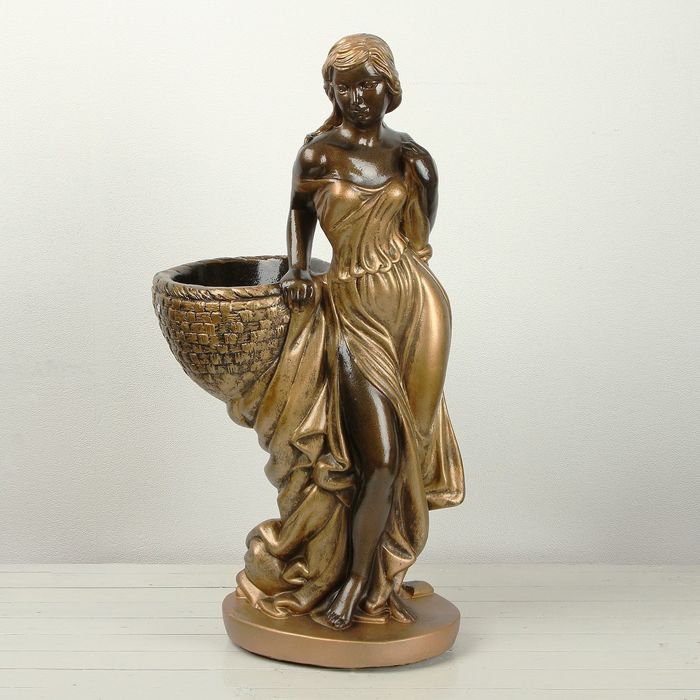 Фигурное кашпо "Девушка с корзиной" чёрное золото 64см