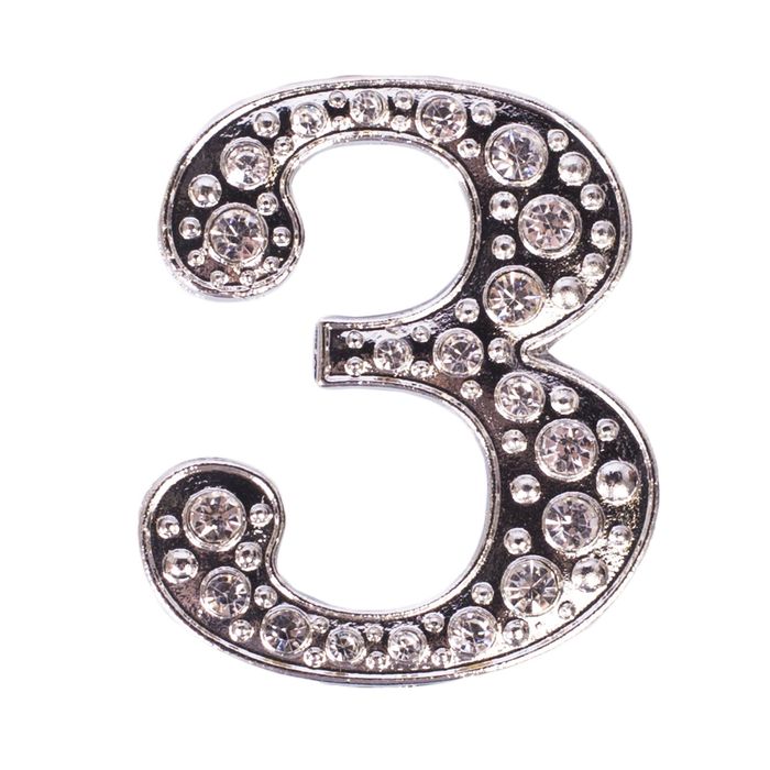 Дверной номер со стразами "3" (серебро), 4,2 х 5 см