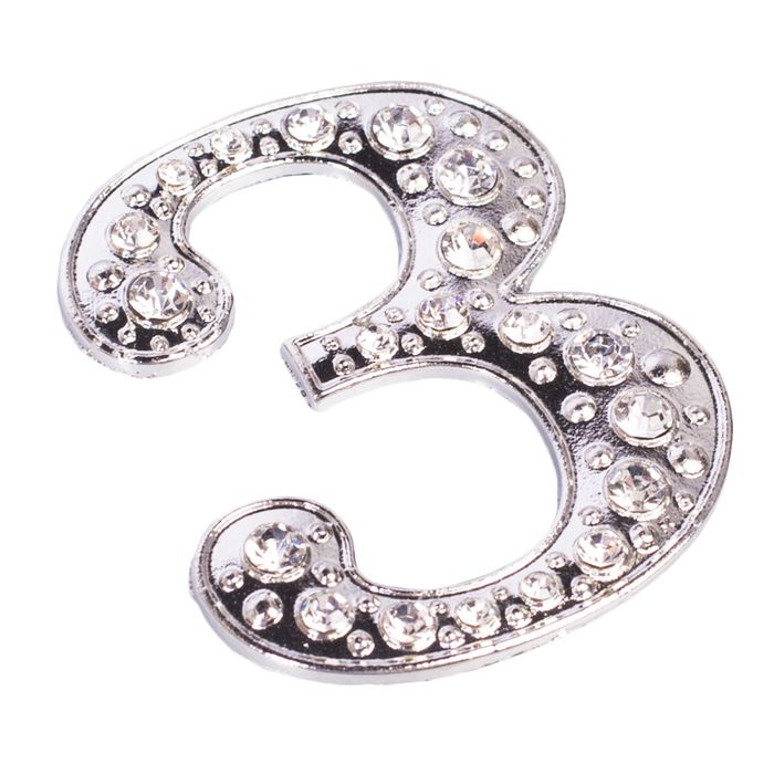 Дверной номер со стразами "3" (серебро), 4,2 х 5 см