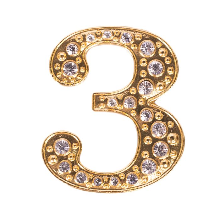 Дверной номер со стразами "3" (золото), 4,2 х 5 см
