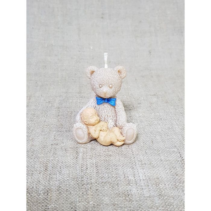 Свеча "Мишка с младенцем" 5*5,5 бант голубой
